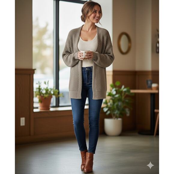 E+M Women Small Beige Oatmeal Open Front Lace up Back Oversized Cardigan Sweater - Picture 1 of 8